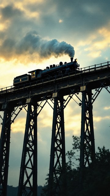 Vintage Steam Train on Trestle Bridge Sunset