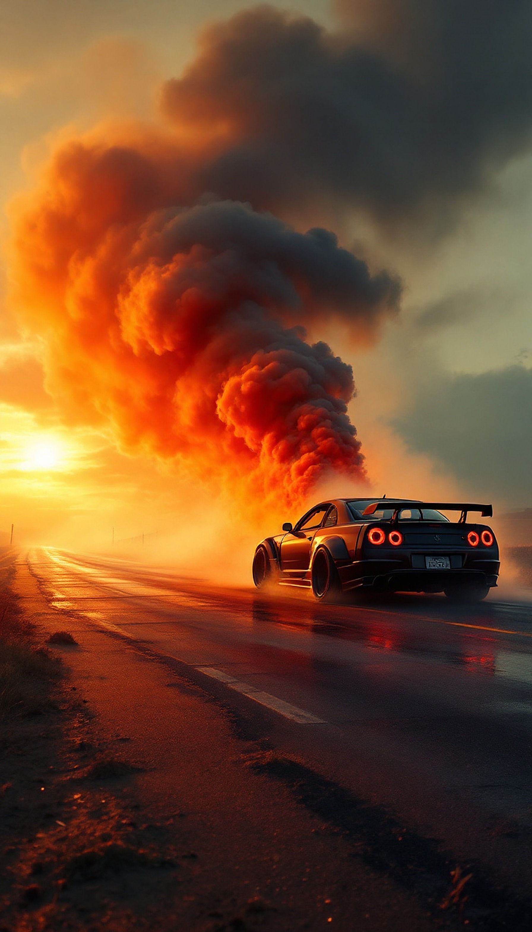 Sports Car Burnout Sunset Aesthetic Wallpaper, sports car, burnout, sunset, smoke, fire, road