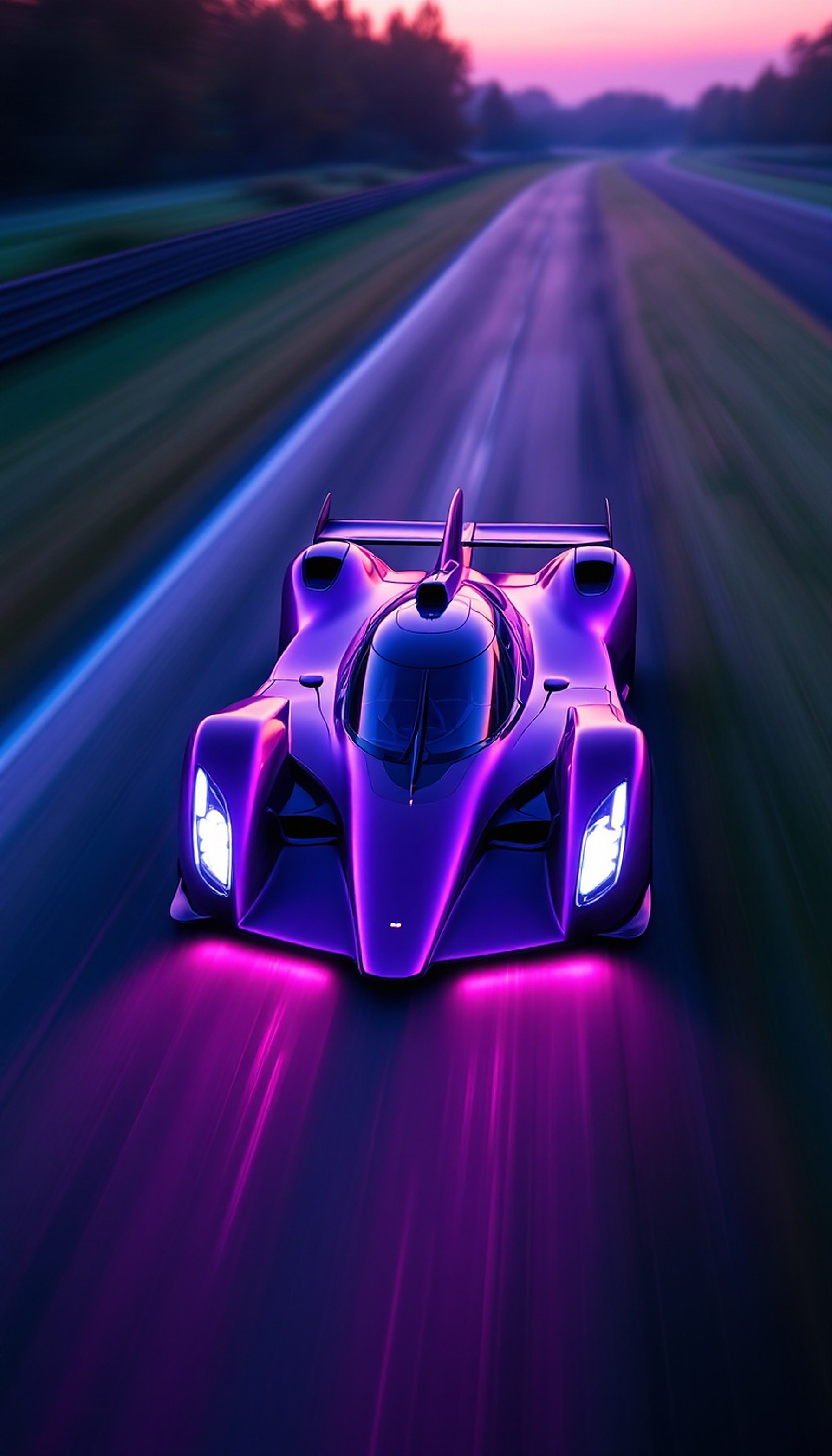 Neon Purple Race Car on Track at Sunset, purple car, race car, sports car, neon, futuristic, speed