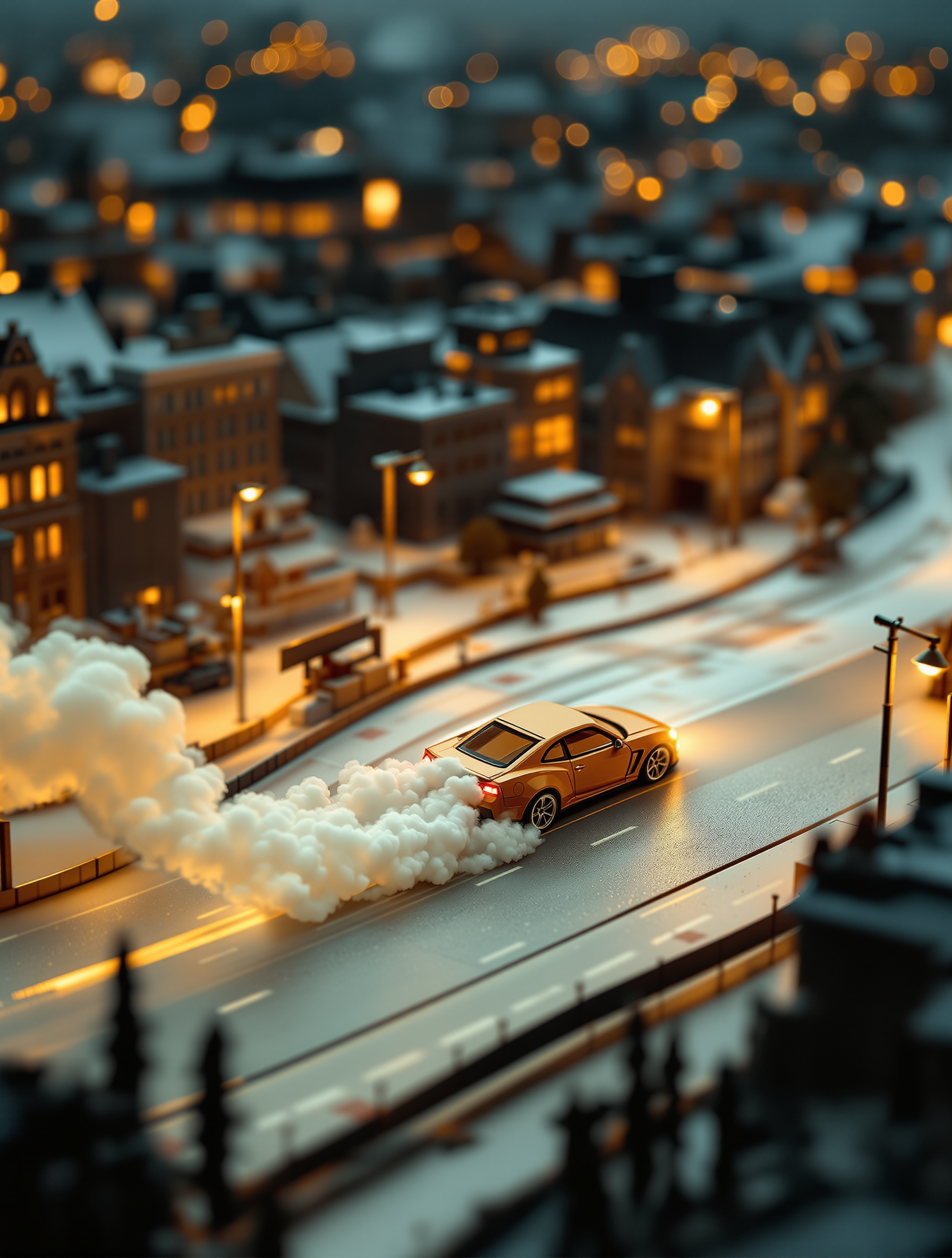 Golden Sports Car Drifting in Miniature City Night, golden car, drifting, miniature city, night scene, sports car, tilt-shift