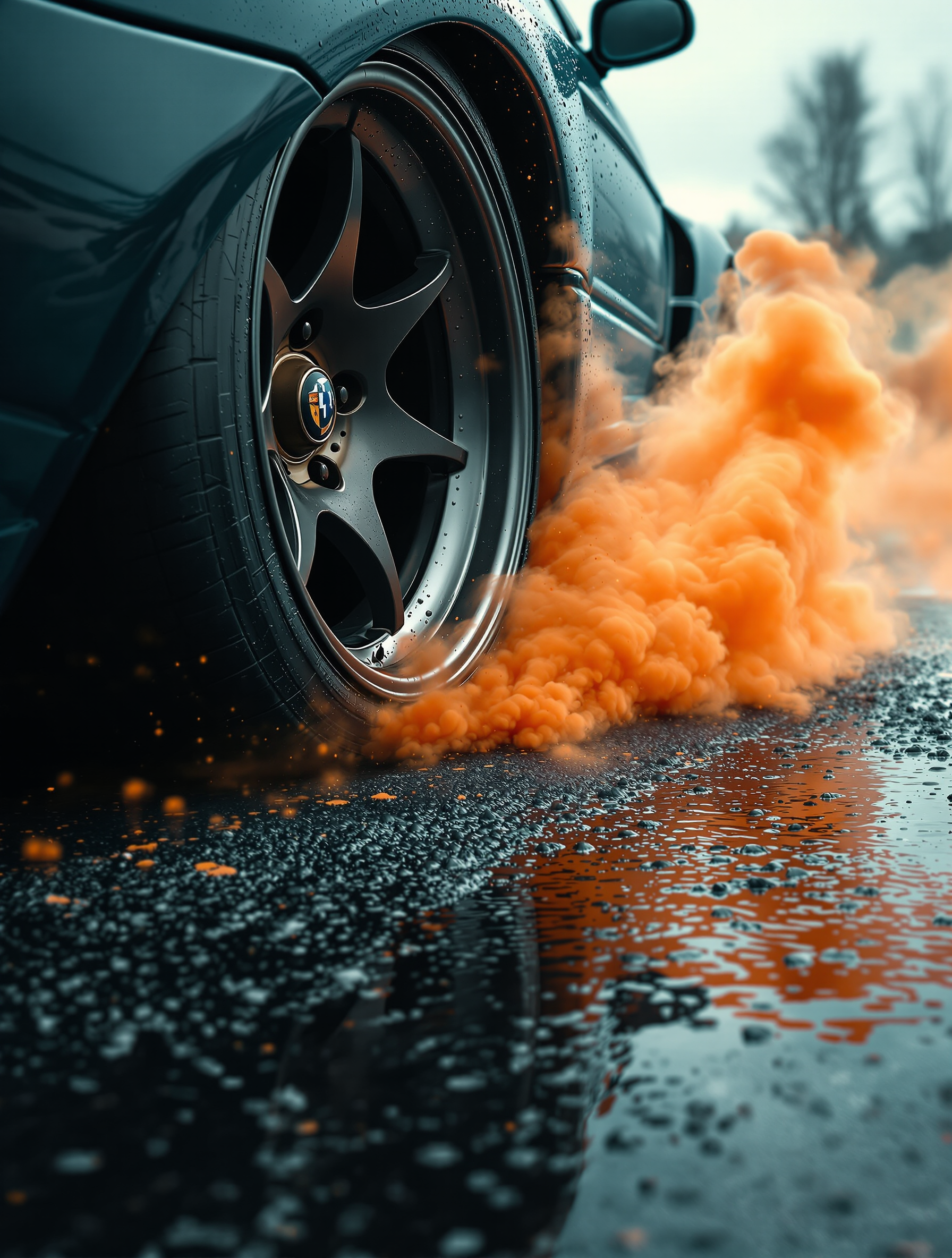 Sport Car Burnout Orange Smoke Wallpaper, sports car, burnout, orange smoke, wet road, dark teal, car wheel