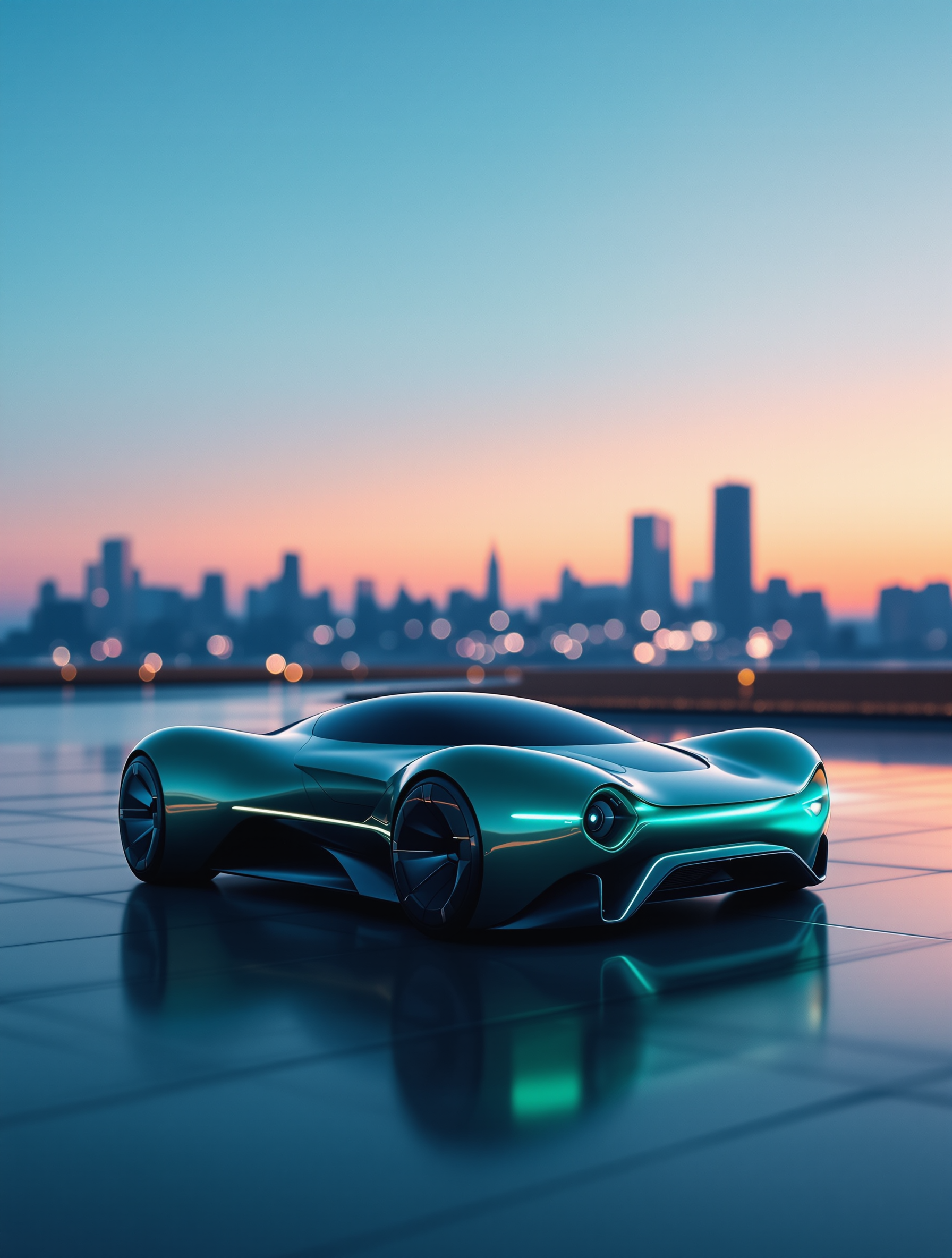 Futuristic Teal Car City Sunset Wallpaper, futuristic car, teal car, cityscape, sunset, sports car, 3d render