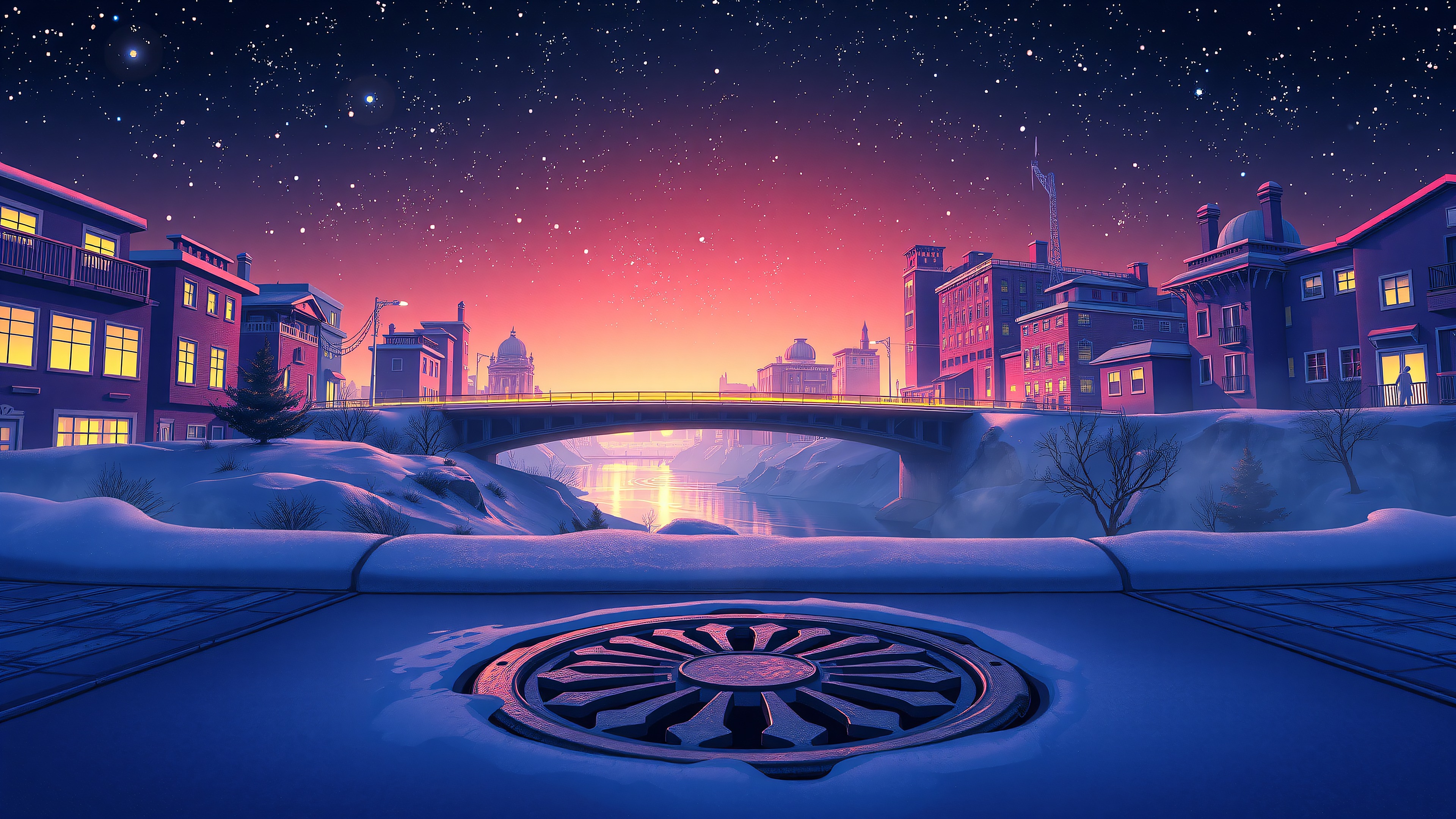 Winter Cityscape at Sunset Under Starry Sky, winter cityscape, sunset sky, starry night, snowy town, pink purple gradient, cozy aesthetic