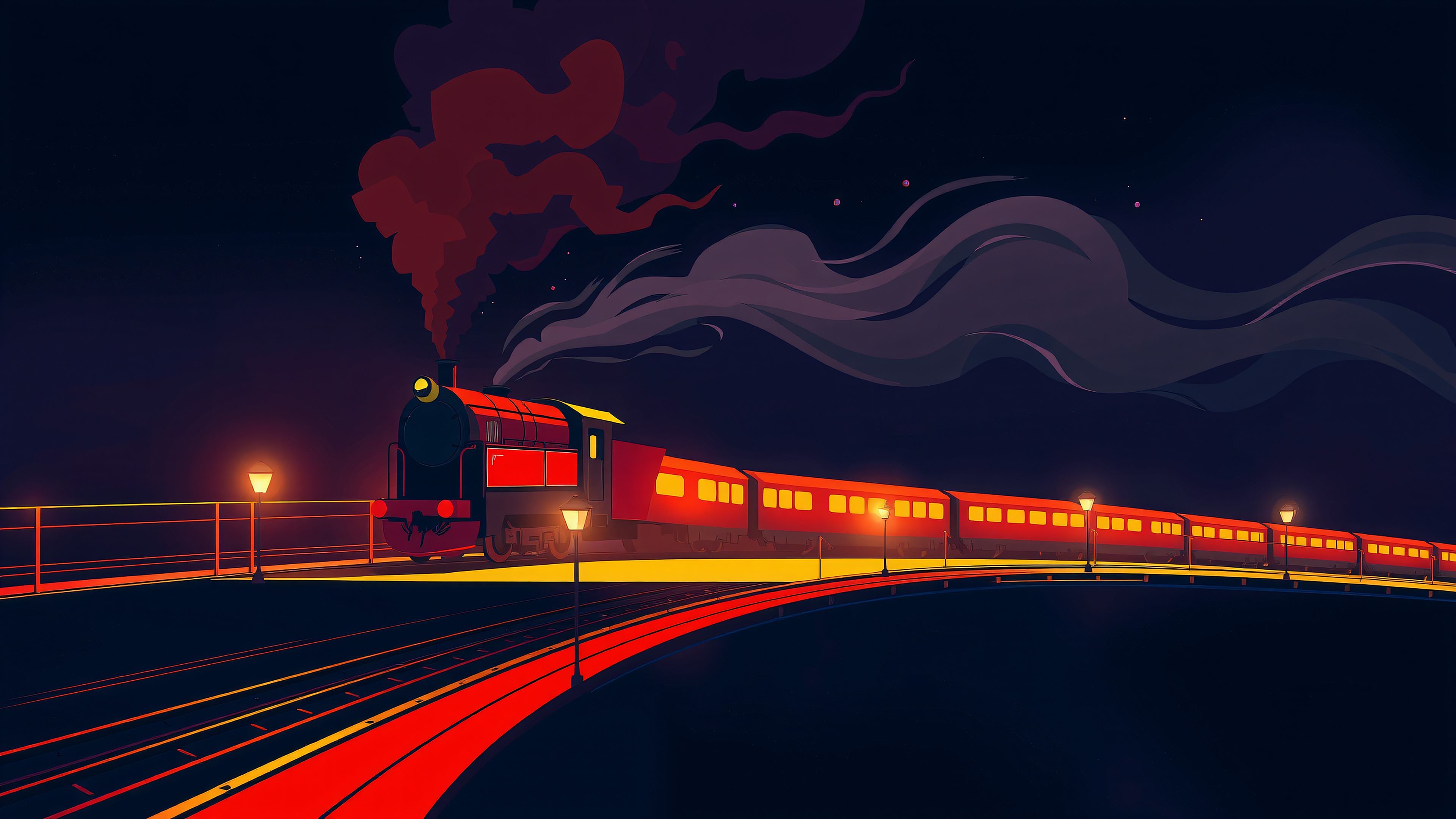 Mystical Night Train on Curved Tracks, night train, steam train, illustration, fantasy, dark aesthetic, red train
