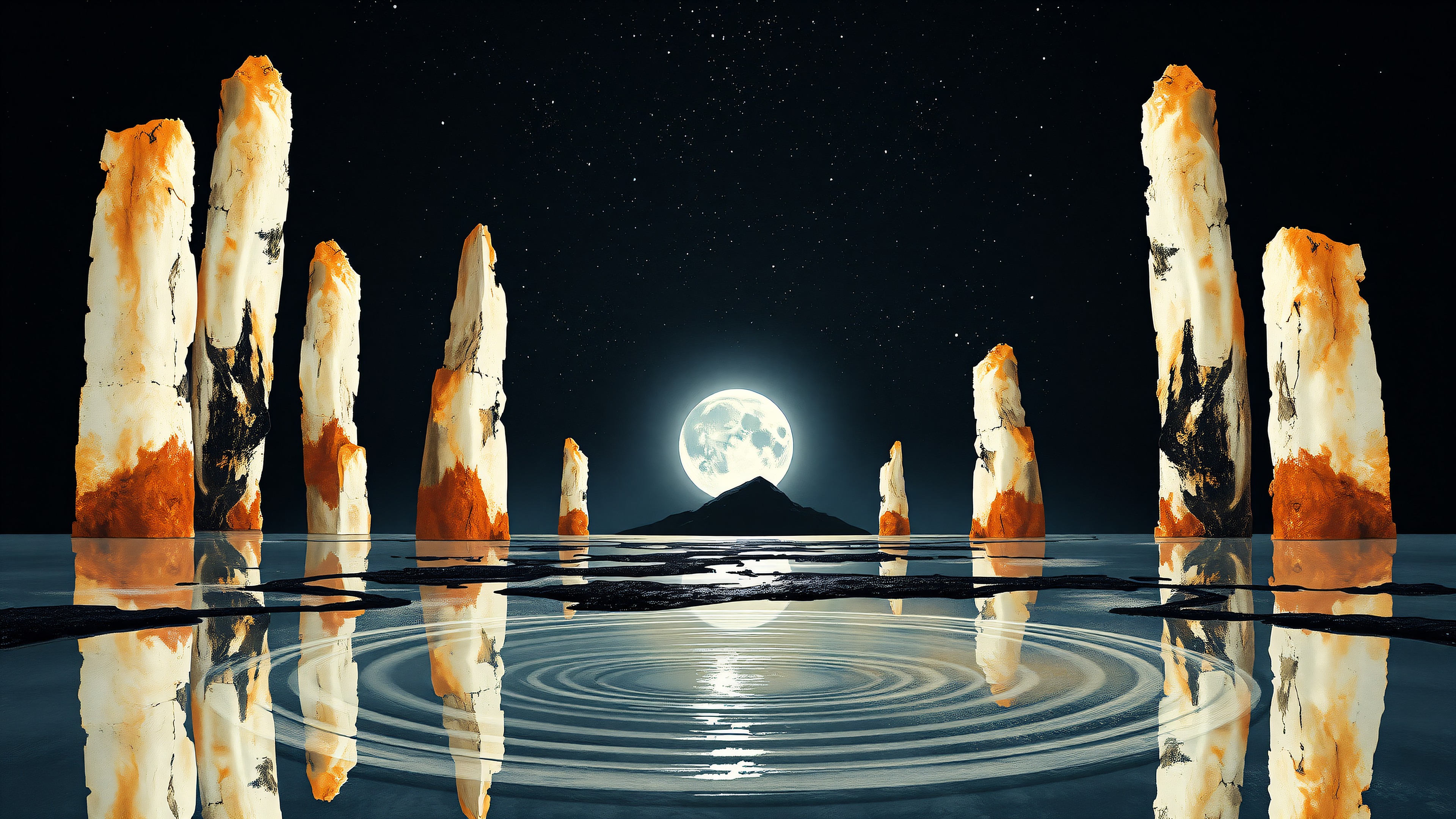 Mystical Moonlit Pillars Over Water, mystical, moonlit, pillars, night sky, stars, reflection