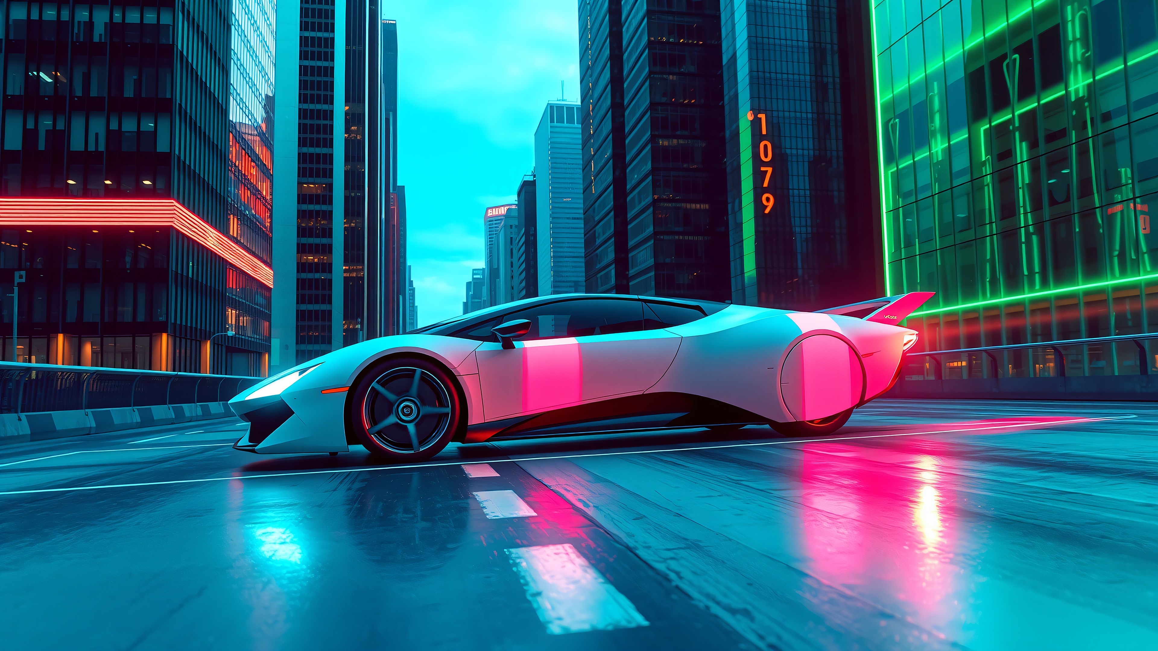Neon Cyberpunk Car in Rainy City Night, cyberpunk car, neon city, futuristic car, sci-fi, pink teal, urban night