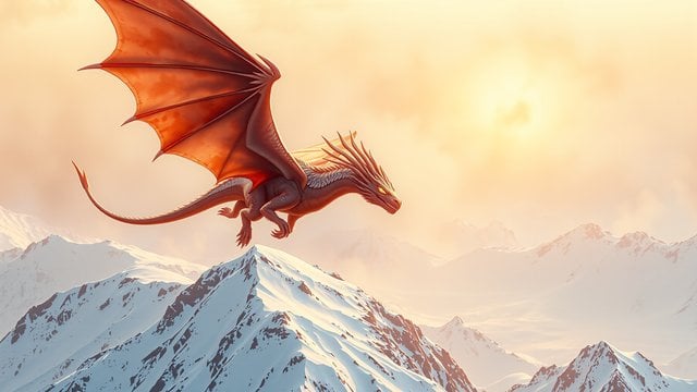 Red Dragon Flying Over Snowy Mountains at Sunset