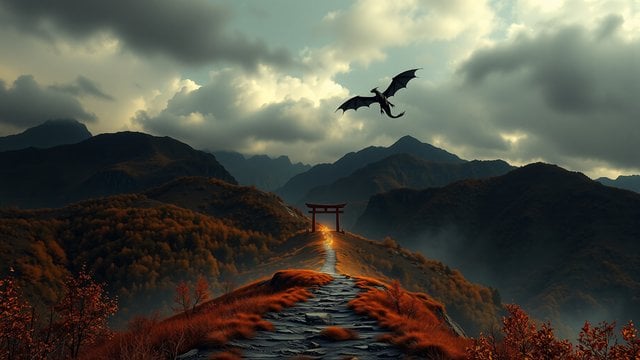 가을 산길, 토리이와 비상하는 용