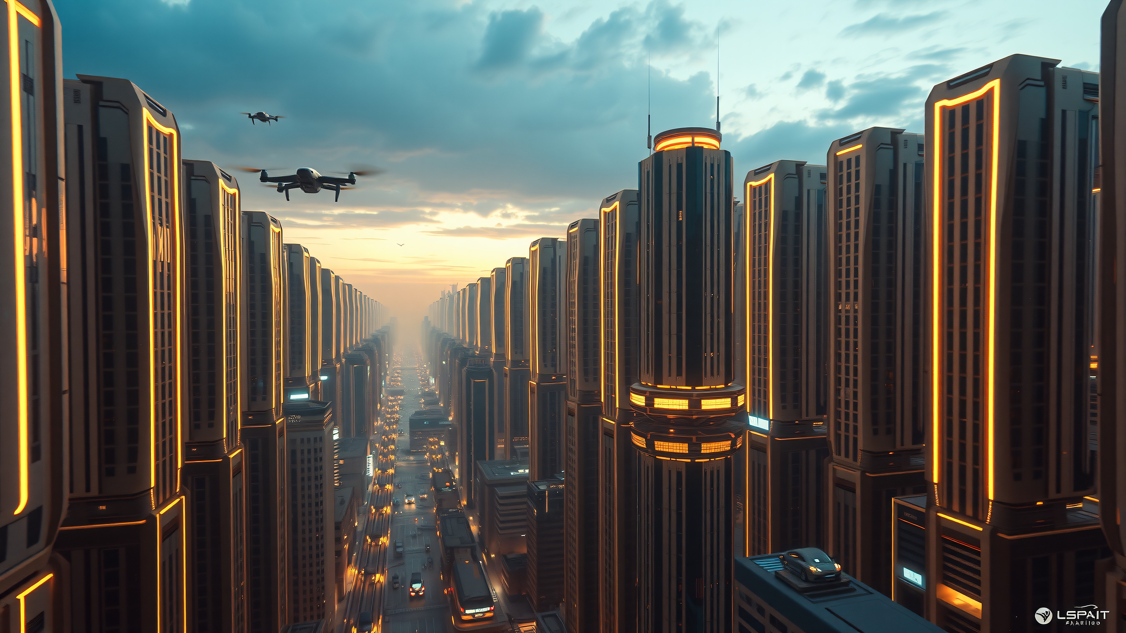 Futuristic City Sunset Drones Wallpaper, futuristic city, sci-fi wallpaper, drones, cityscape, sunset, orange glow