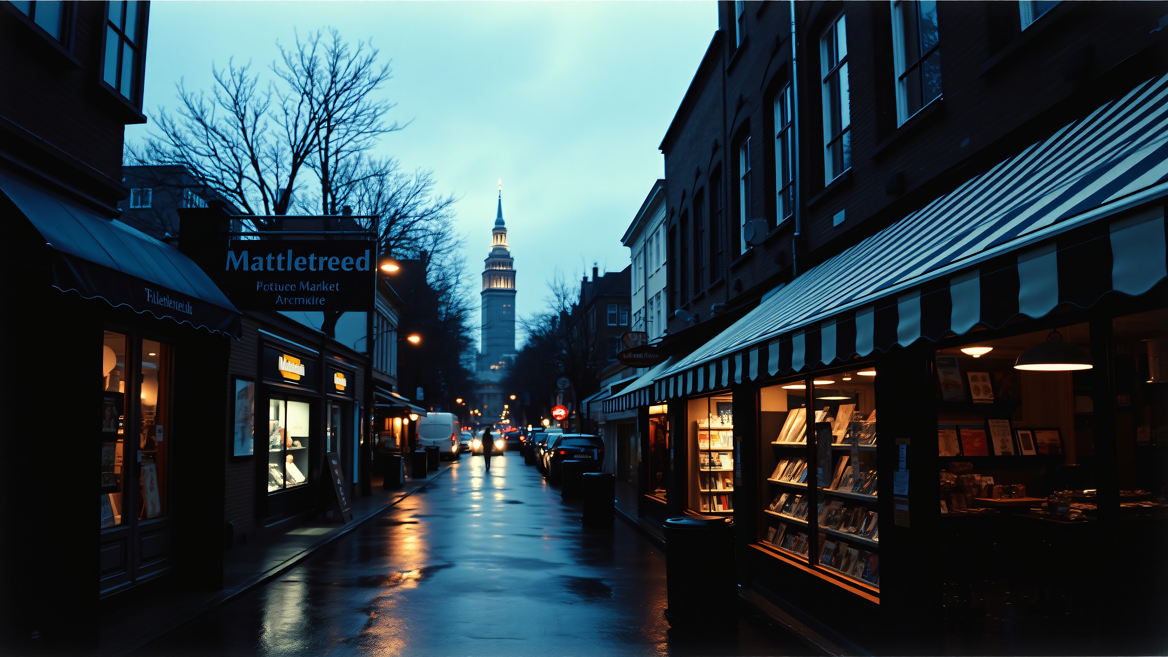 Evening City Street with Distant Tower, city street, evening, dusk, wet street, reflections, cityscape