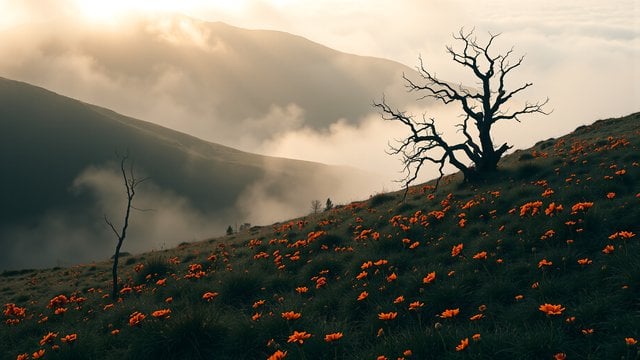 Misty Mountain Field with Orange Flowers & Bare Tree