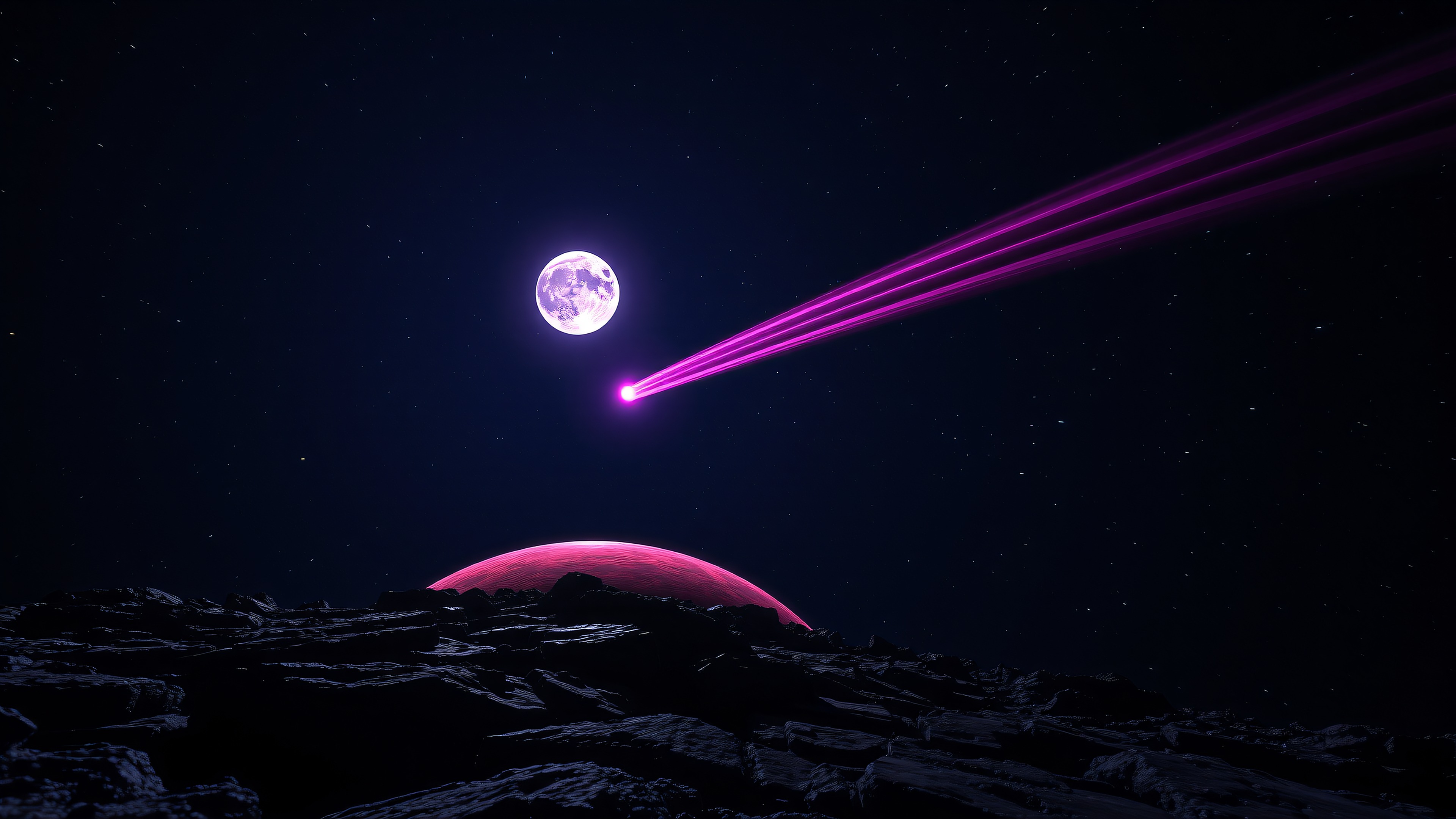 Cosmic Pink Moon & Planet Surface Wallpaper, space wallpaper, pink moon, alien landscape, sci-fi, cosmic, stars