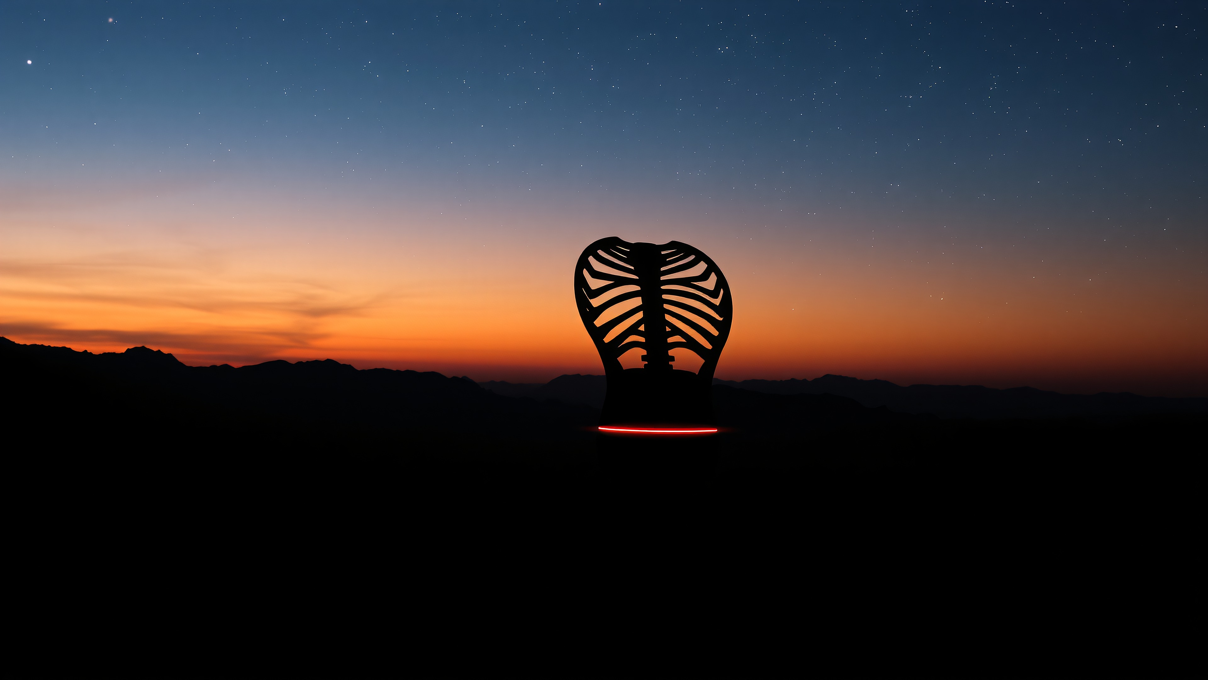 Night Sky Ribcage Silhouette at Sunset, ribcage sculpture, sunset sky, night sky, starry sky, silhouette, gradient