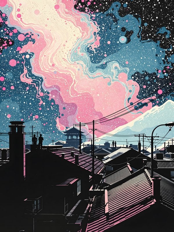 Tokyo Rooftops Pink Galaxy Mountain Wallpaper
