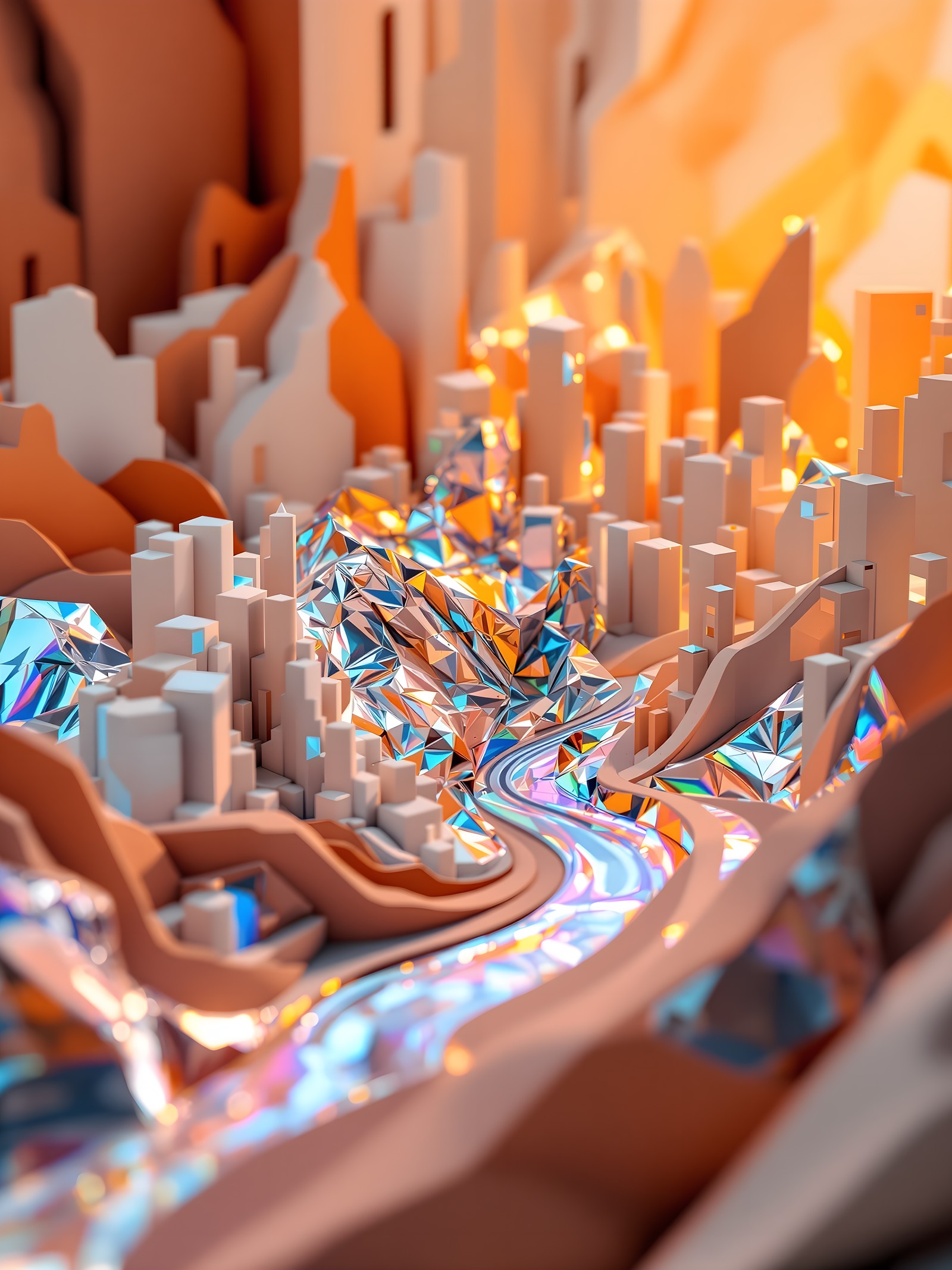 Abstract Holographic Cityscape Wallpaper, abstract, cityscape, holographic, iridescent, 3d render, futuristic
