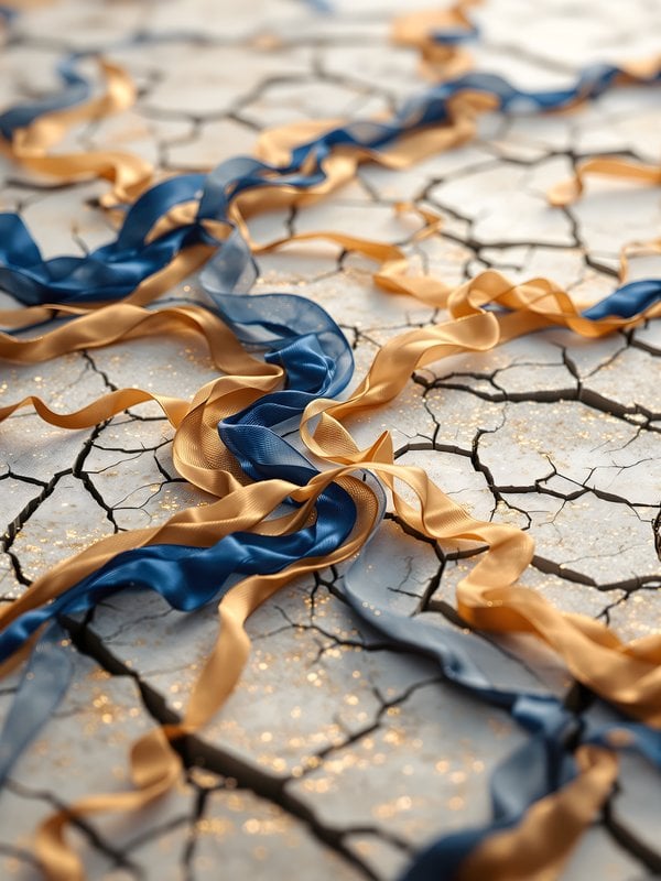 Gold & Blue Ribbons on Cracked Earth Wallpaper