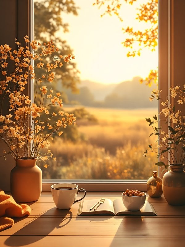 Autumn Window View with Coffee & Golden Light
