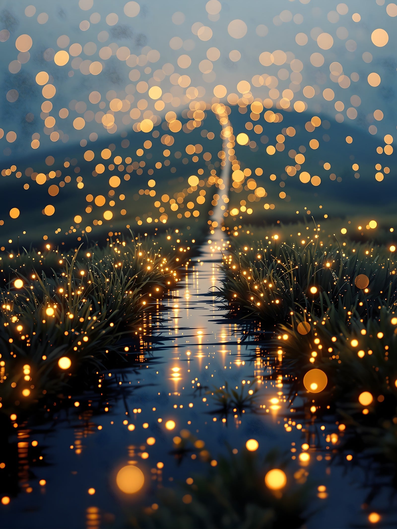 Enchanted Glow Path and Firefly Meadow, enchanted path, glowing meadow, firefly lights, golden bokeh, mystical nature, dreamy wallpaper
