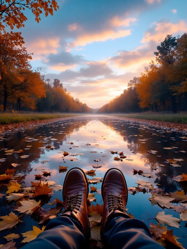 Autumn Path Reflection with Boots