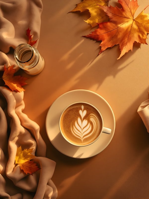 Autumn Latte Art with Maple Leaves Aesthetics