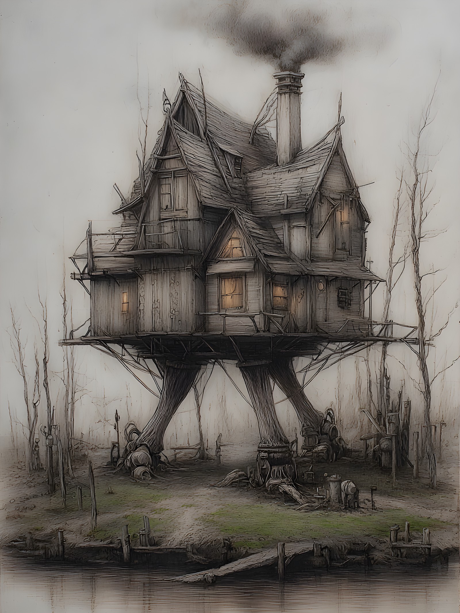 Fantasy Treehouse Sketch in Misty Swamp, treehouse, fantasy, sketch, gothic, swamp, mysterious