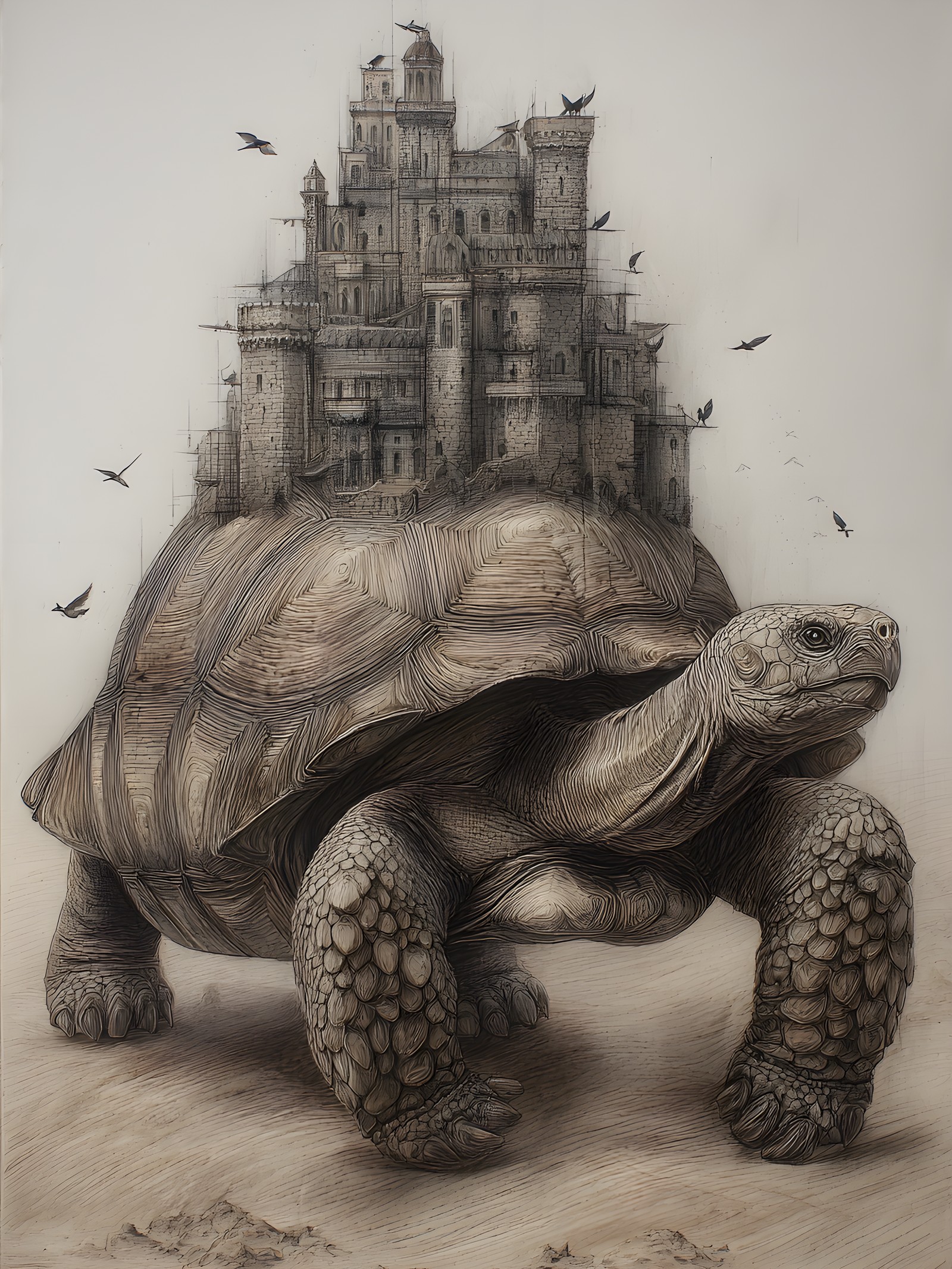 Fantasy Castle on Giant Turtle Minimal Art, turtle, tortoise, castle, fantasy, minimalist, sketch art
