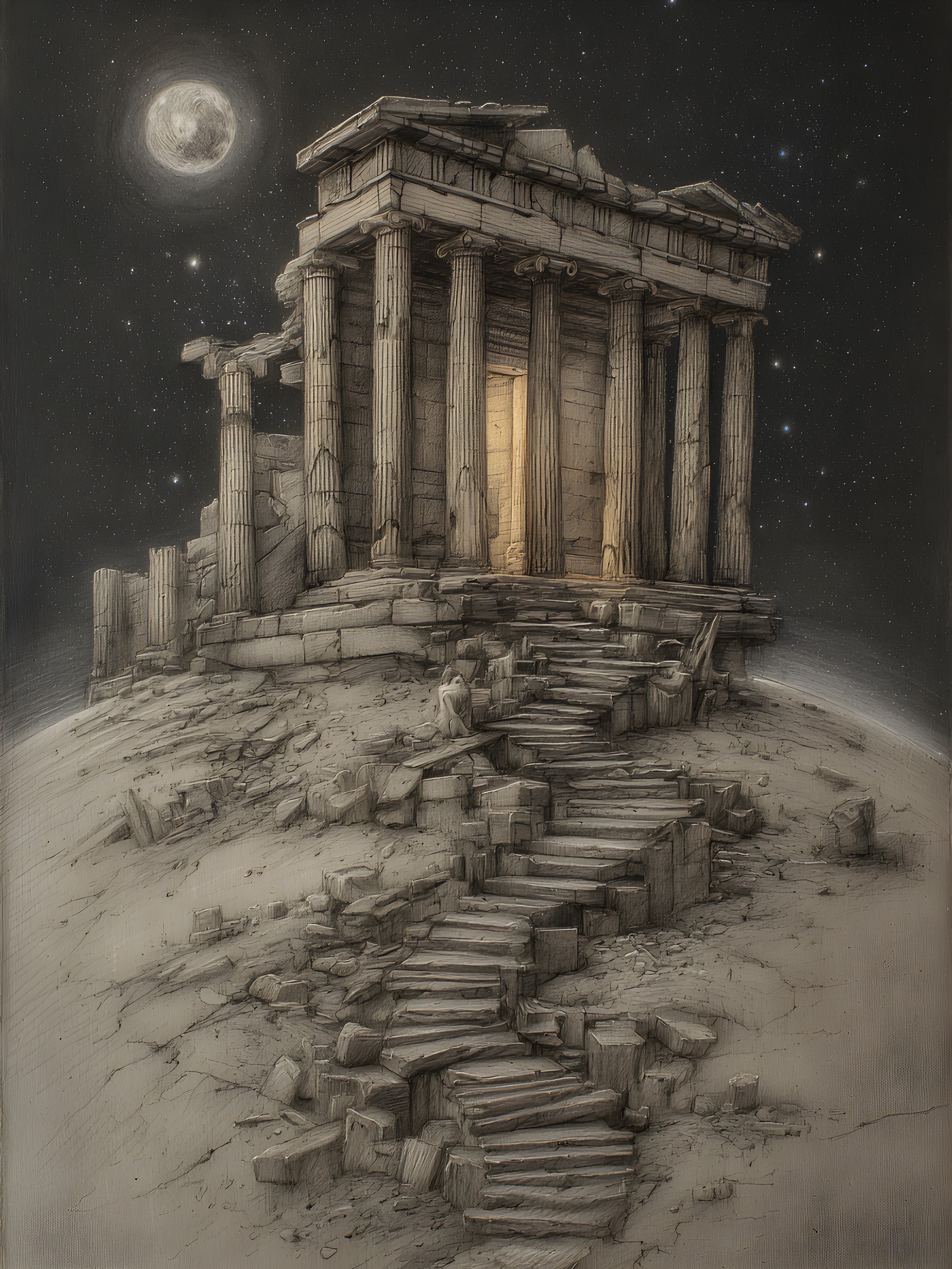 Ancient Temple Ruins Under Starry Moonlit Sky, ancient ruins, temple, night sky, moon, stars, mystery