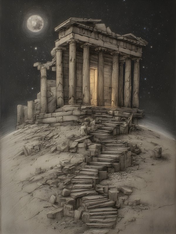 Ancient Temple Ruins Under Starry Moonlit Sky