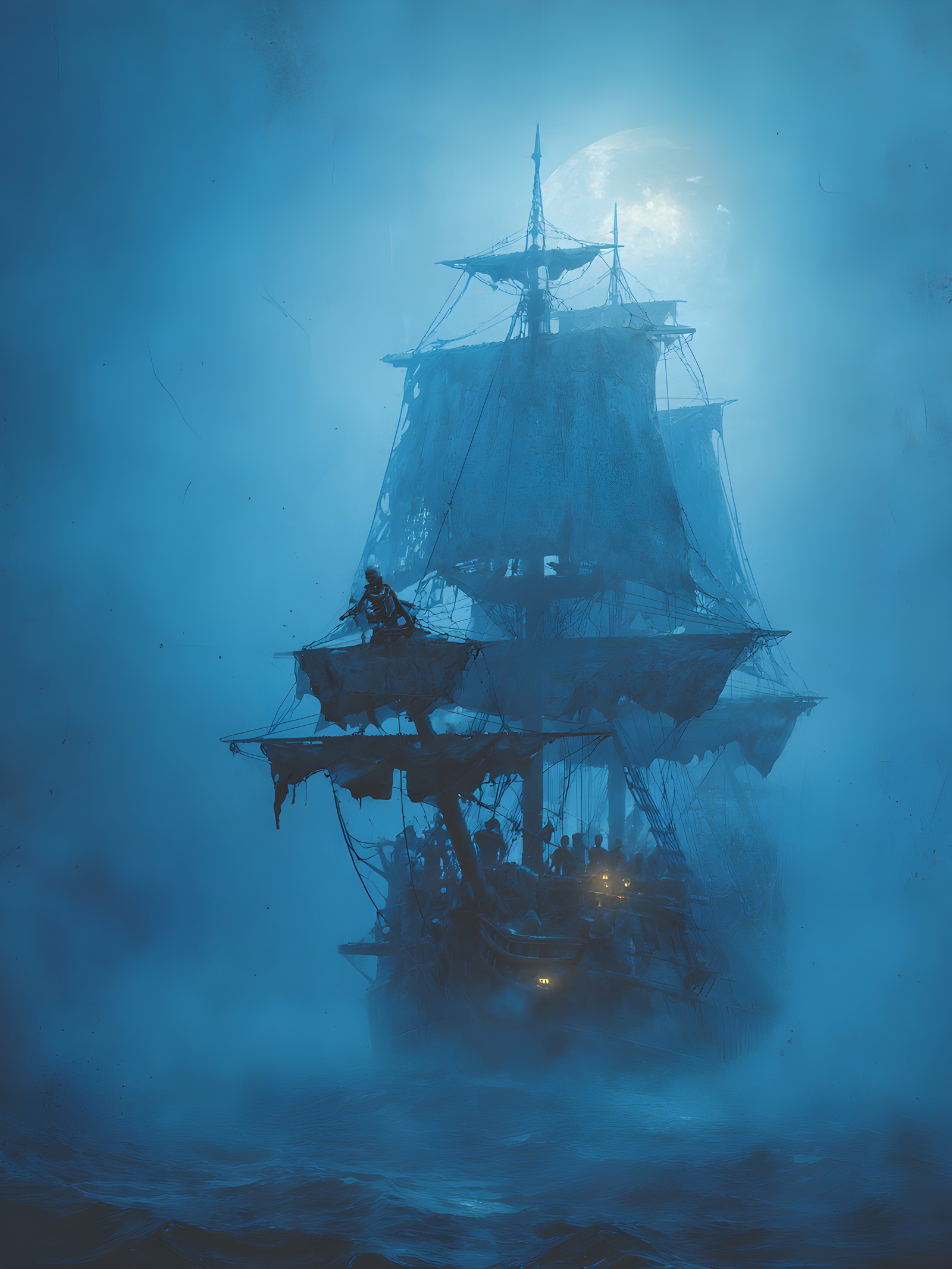 Ghost Ship in Foggy Moonlight, Dark Ocean, ghost ship, pirate ship, fog, moonlight, ocean, dark fantasy