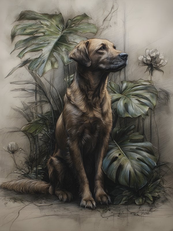 Labrador Retriever Sketch Tropical Leaves Wallpaper