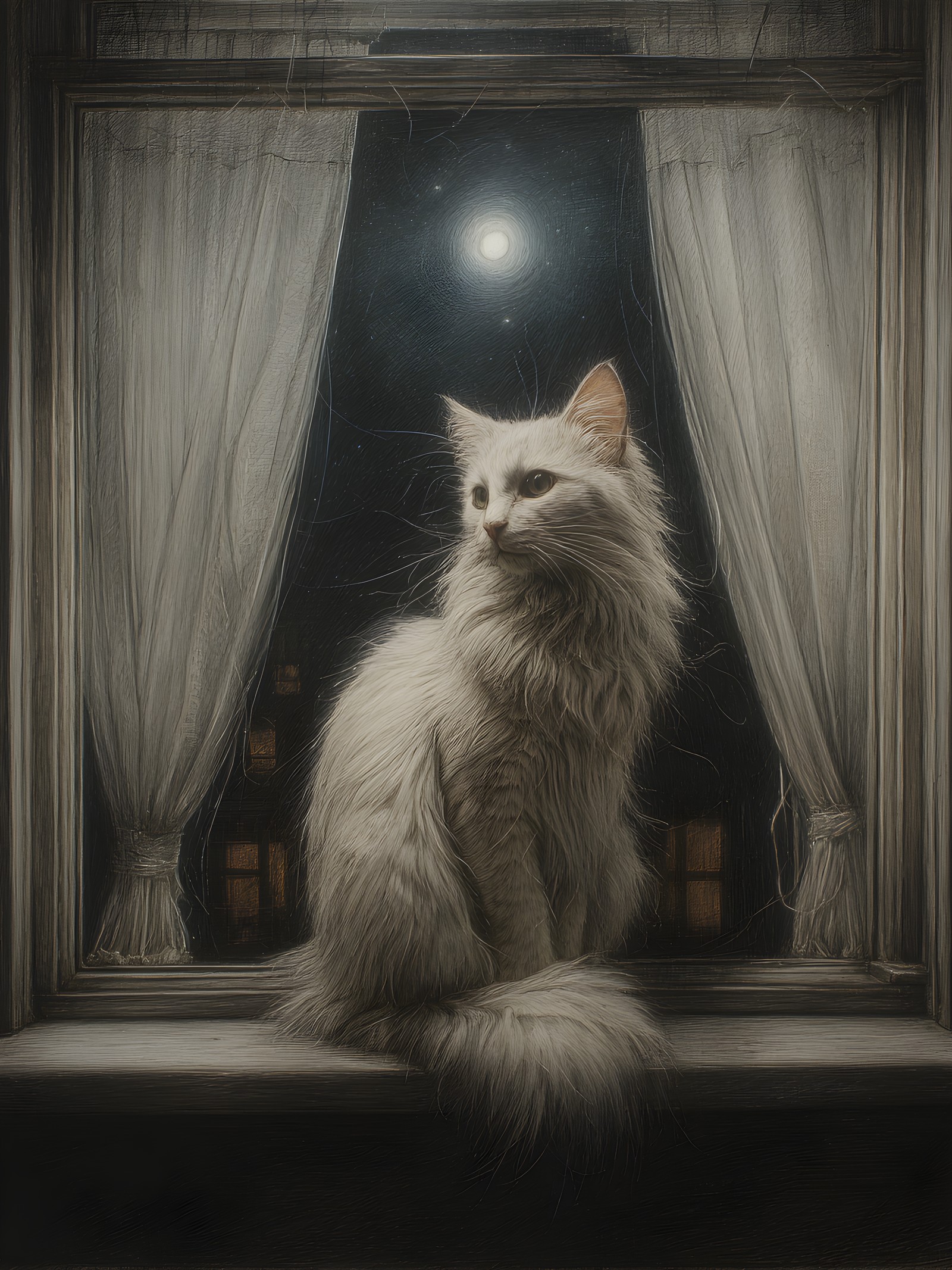 White Cat by Window, Moonlit Night Art, white cat, cat, moonlit night, window, sketch art, dark wallpaper