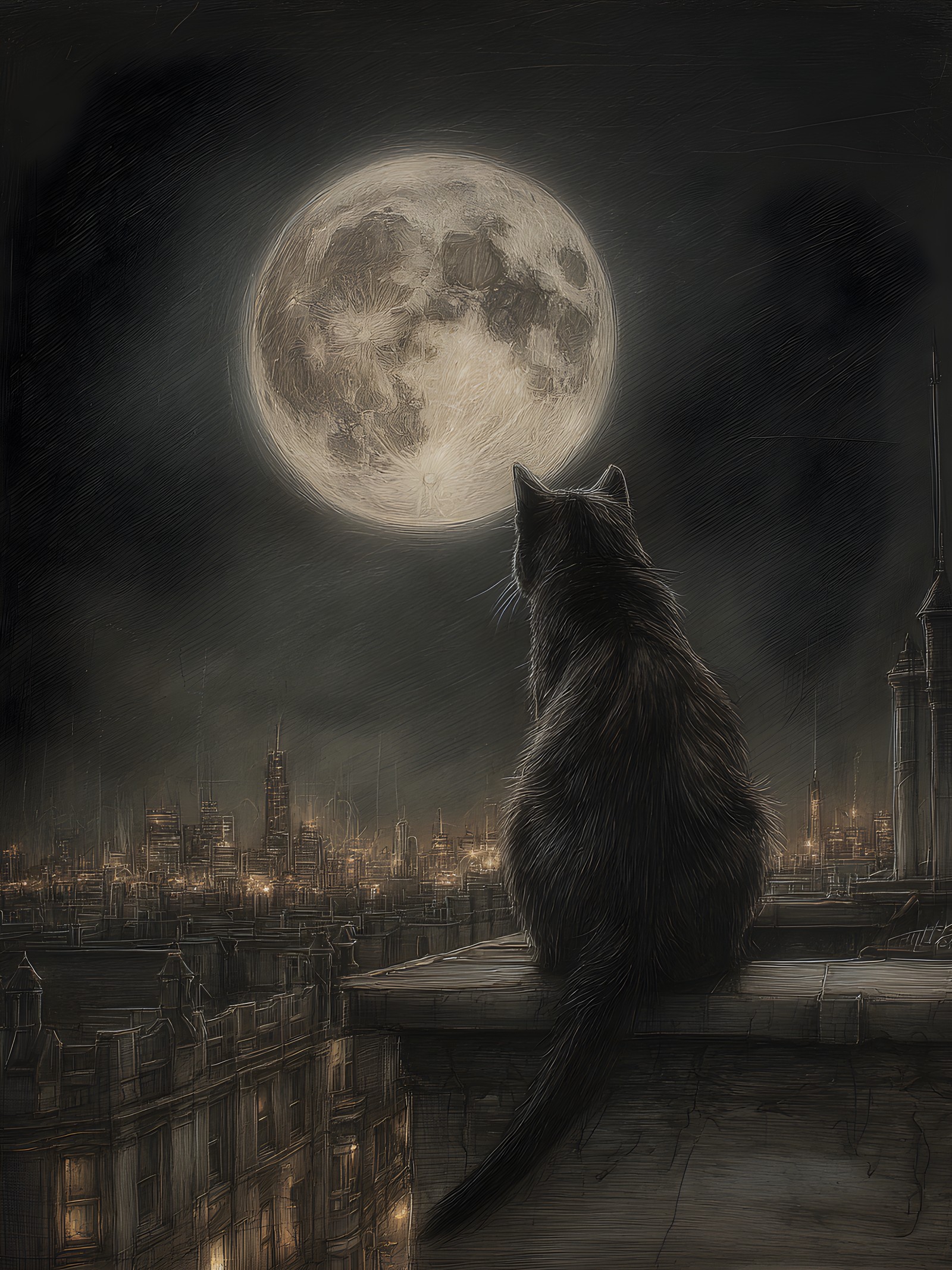 Black Cat on Rooftop Gazing at Full Moon City Night, black cat, full moon, cityscape, night scene, rooftop, dark aesthetic