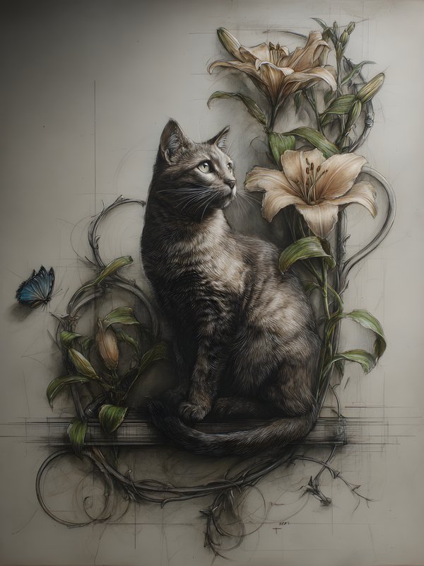 Cat and Lilies Sketch Art Wallpaper