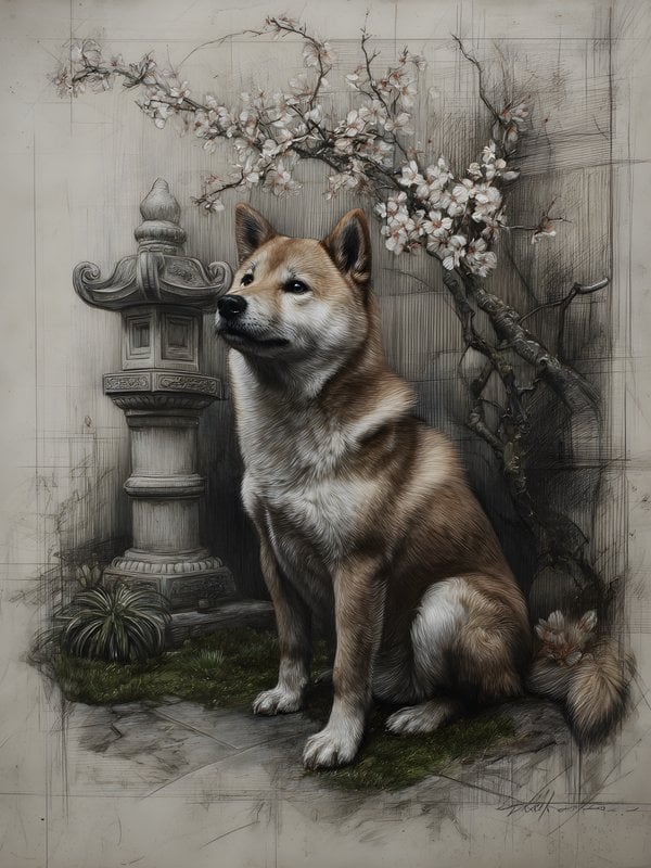 Shiba Inu and Cherry Blossoms Sketch Art