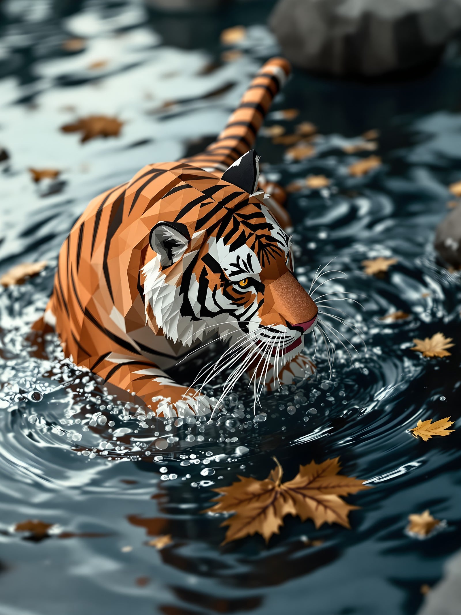 Low Poly Tiger in Water, Autumn Leaves, tiger, low poly, polygon art, animal, wildlife, water