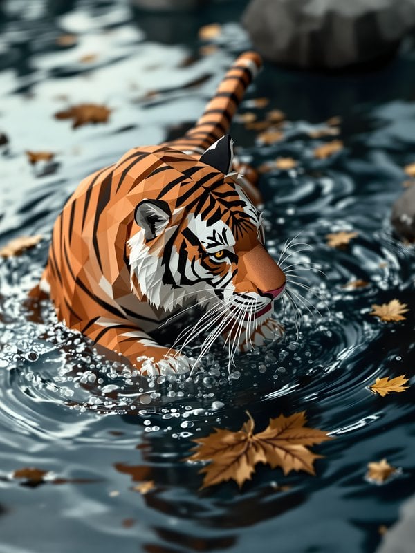 Low Poly Tiger in Water, Autumn Leaves