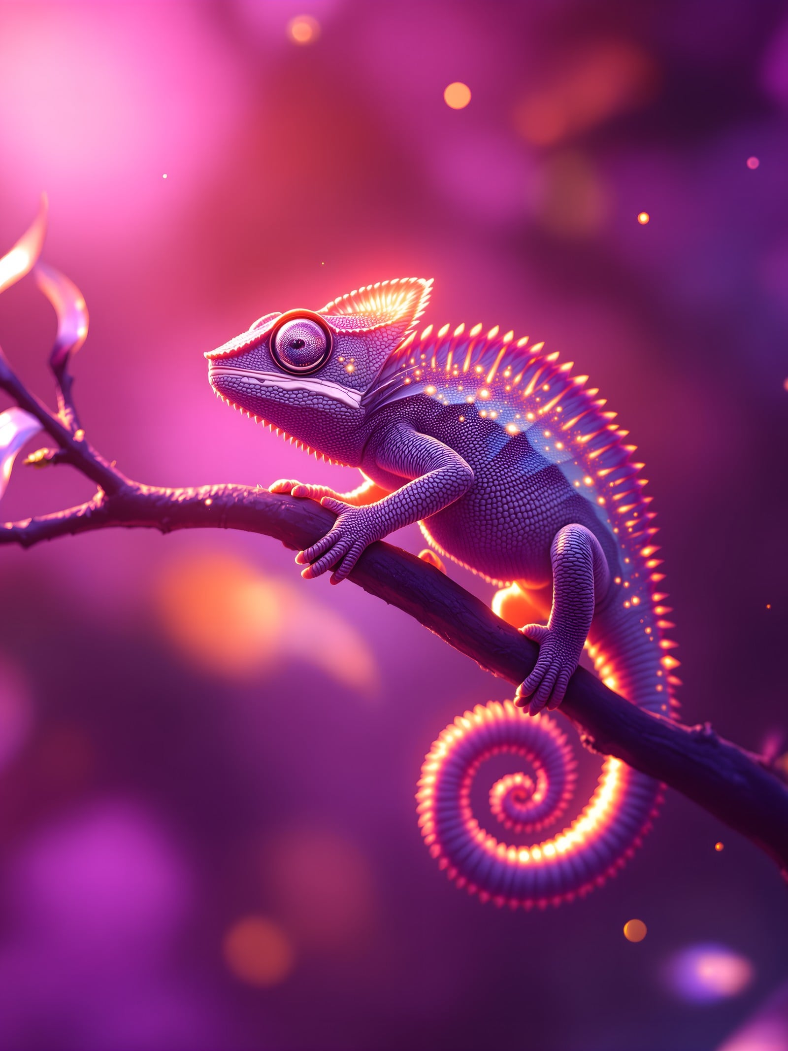 Neon Pink Chameleon on Branch Fantasy Wallpaper, chameleon, neon, pink, purple, fantasy, glowing
