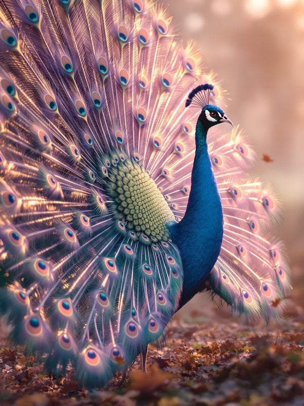 Majestic Peacock Display in Golden Light Wallpaper