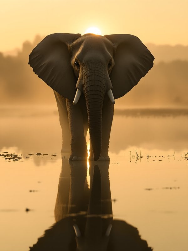 Elephant at Golden Sunset Lake Reflected Wallpaper