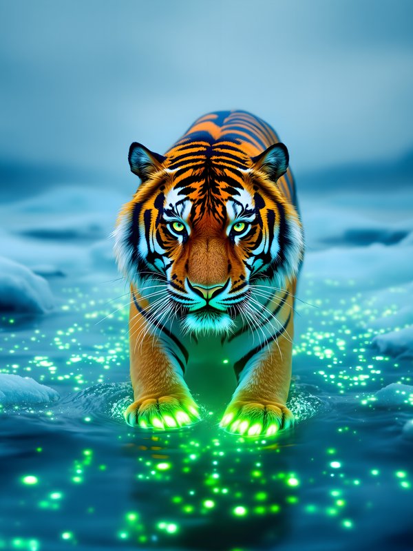 Neon Tiger Glow: Blue Water & Green Light