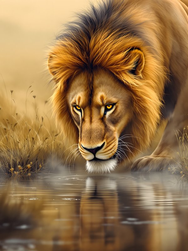 Majestic Lion Drinking Water Wallpaper
