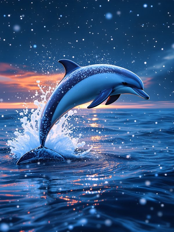 Jumping Dolphin at Sunset Ocean with Glitter