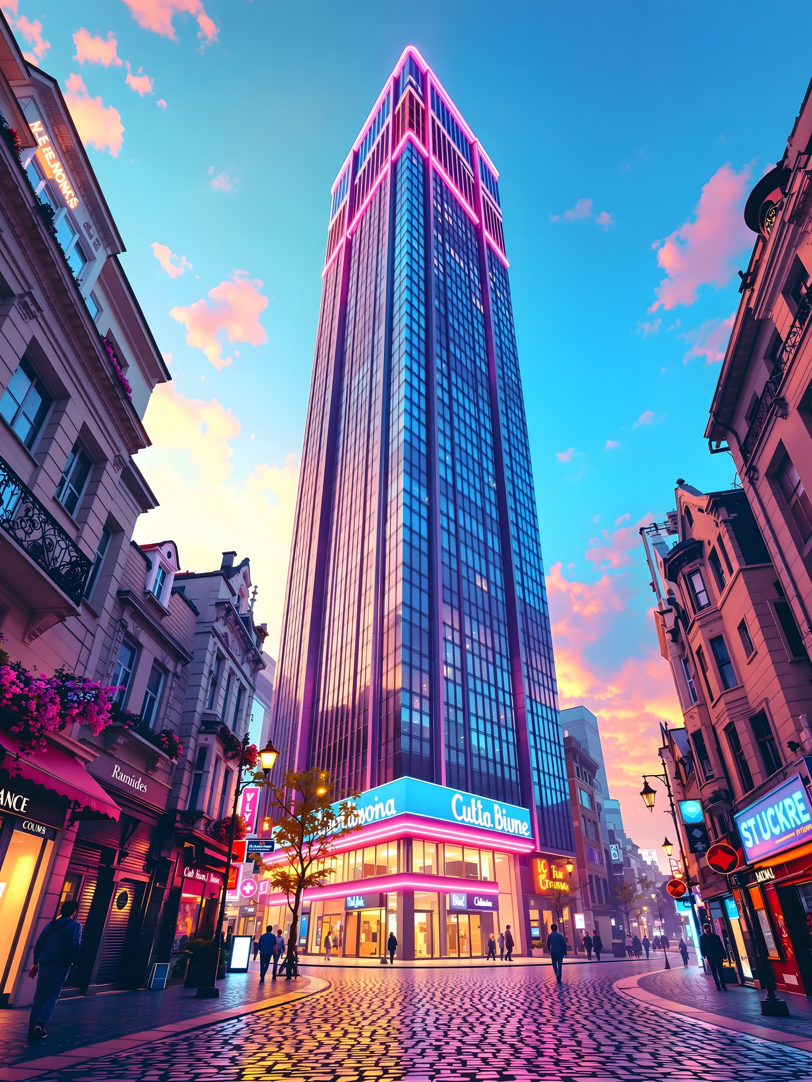 Vibrant Neon City Sunset Street Tall Building, cityscape, neon lights, sunset, urban street, skyscraper, pink