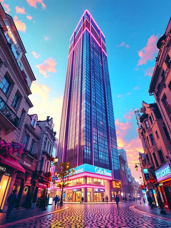Vibrant Neon City Sunset Street Tall Building