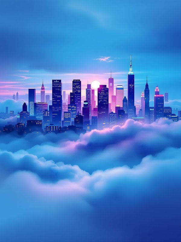 Vaporwave City Skyline Above Clouds at Sunset