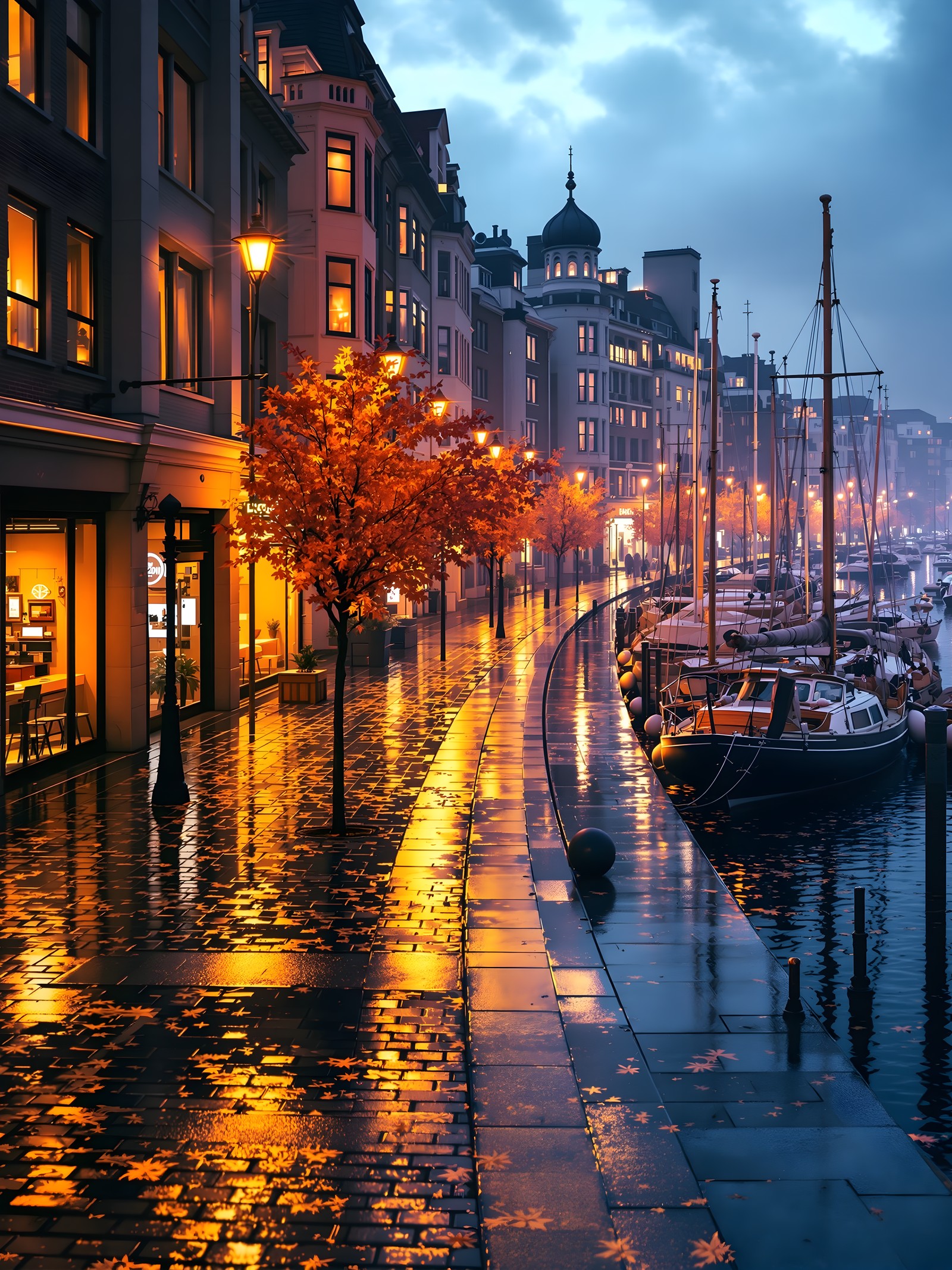 Autumn City Canal Evening, Wet Path & Boats, city canal, autumn evening, wet street, boats, street lights, fall foliage