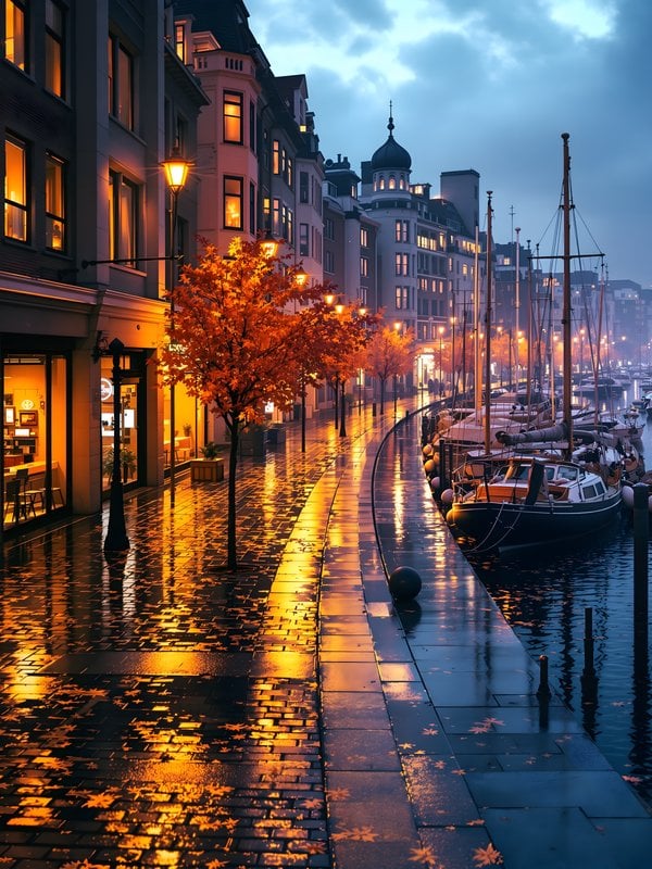 Autumn City Canal Evening, Wet Path & Boats