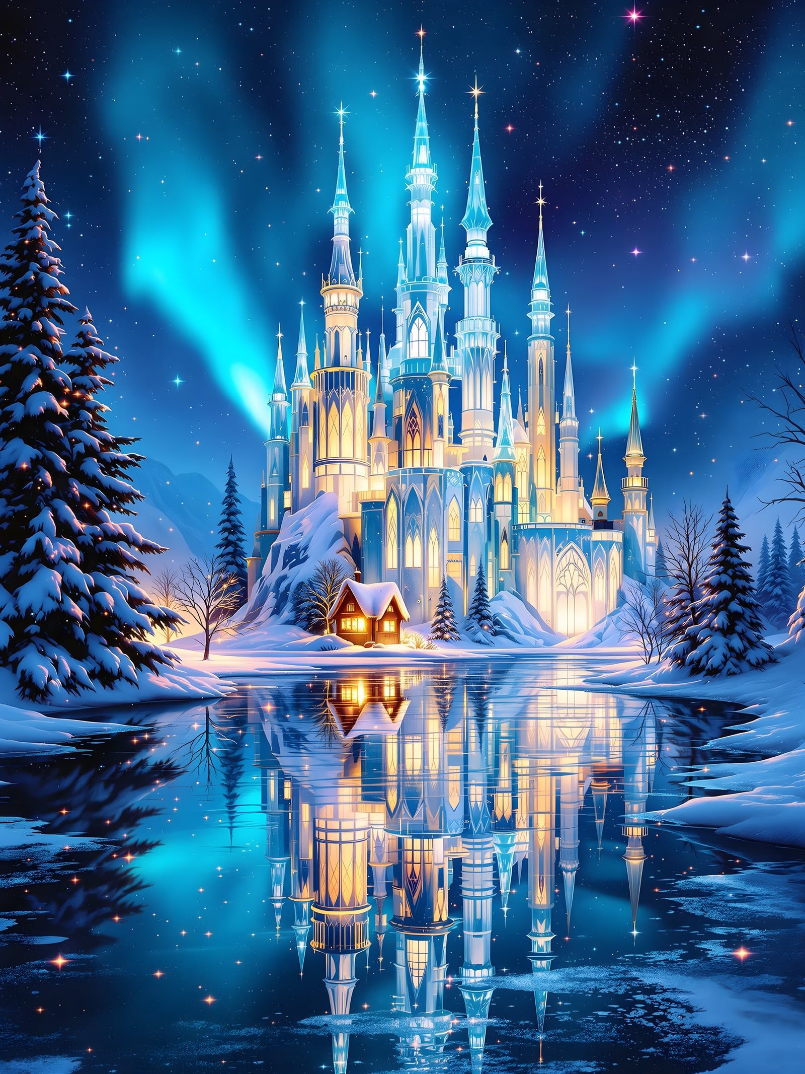 Winter Castle Wonderland Northern Lights Wallpaper, ice castle, winter wonderland, northern lights, aurora borealis, fantasy, magical