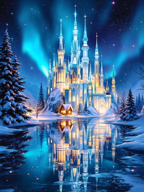 Winter Castle Wonderland Northern Lights Wallpaper