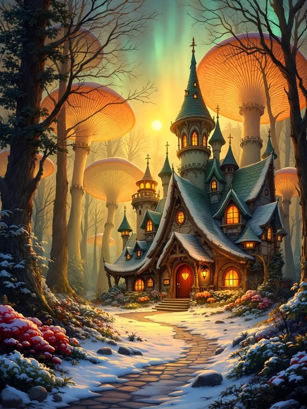 Fantasy Mushroom House Winter Wonderland Wallpaper